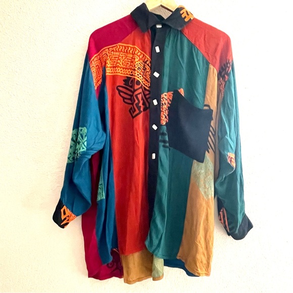We Be Bop‎ Oversize Print Patchwork Button-Up Shirt Tunic festival hippie - Picture 1 of 9